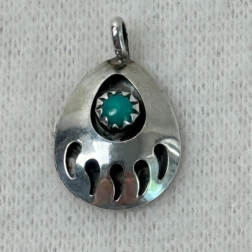 Small Turquoise Sterling Silver Shadowbox Bear Claw Pendant Southwestern Jewelry